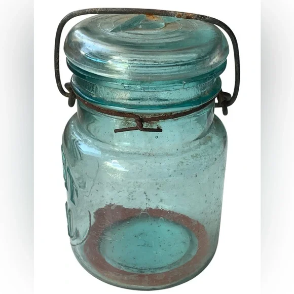 Antique 1900-20 BALL TIGHT SEAL Aqua Blue Glass Pint Mason Jar Wire Bale Kitchen - Picture 5 of 12